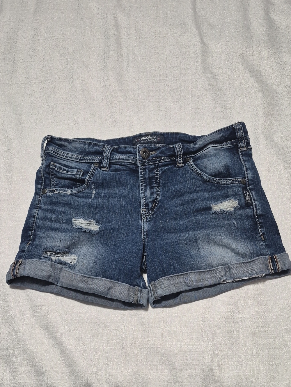 Silver Jean Denim Dark Wash Distressed Ripped Roll Cuff Shorts Size 28